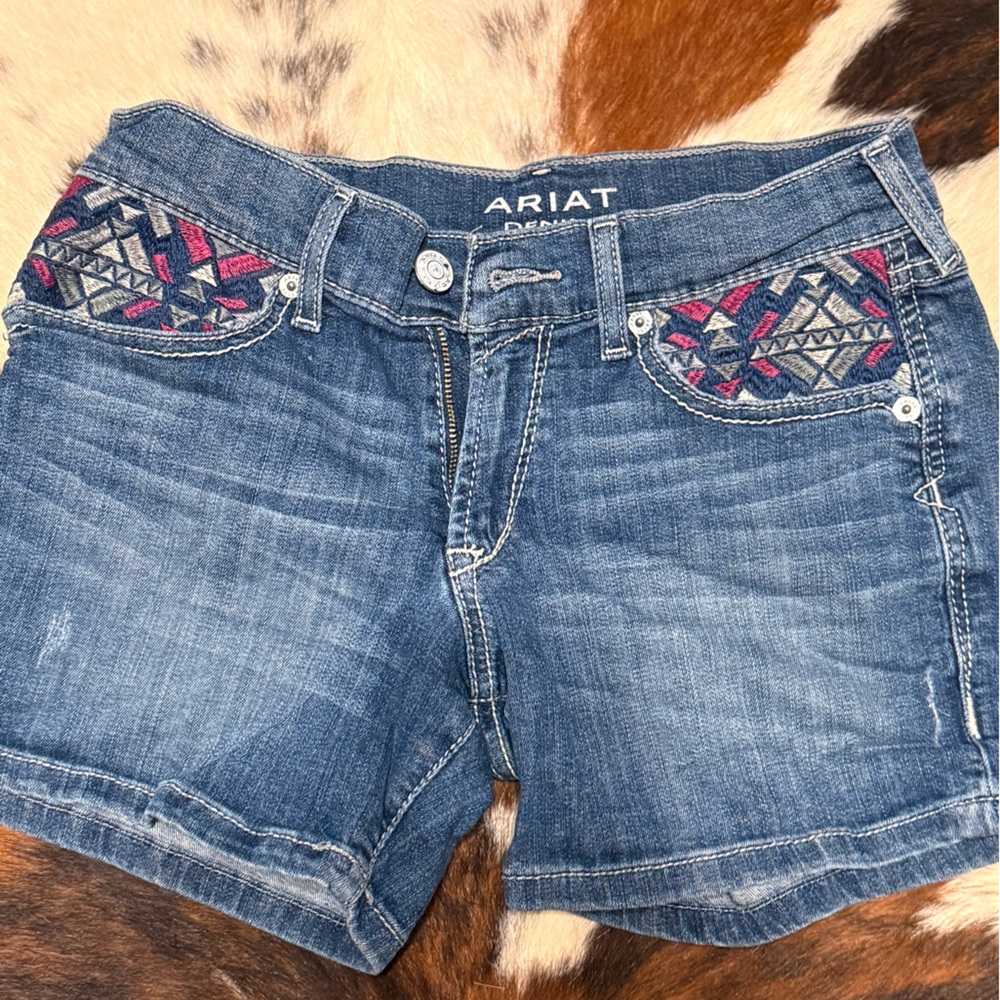Ariat Blue Denim Shorts with Embroidered Floral Details